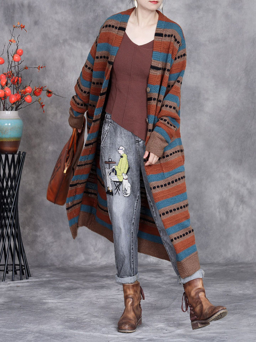 Women Autumn Lazy Stripe Knitted Cardigan Coat AH1051