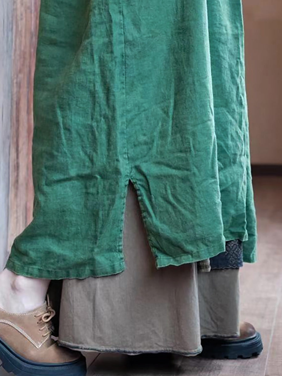 Women Autumn Vintage Green O-Neck Linen Robe Dress AH1005