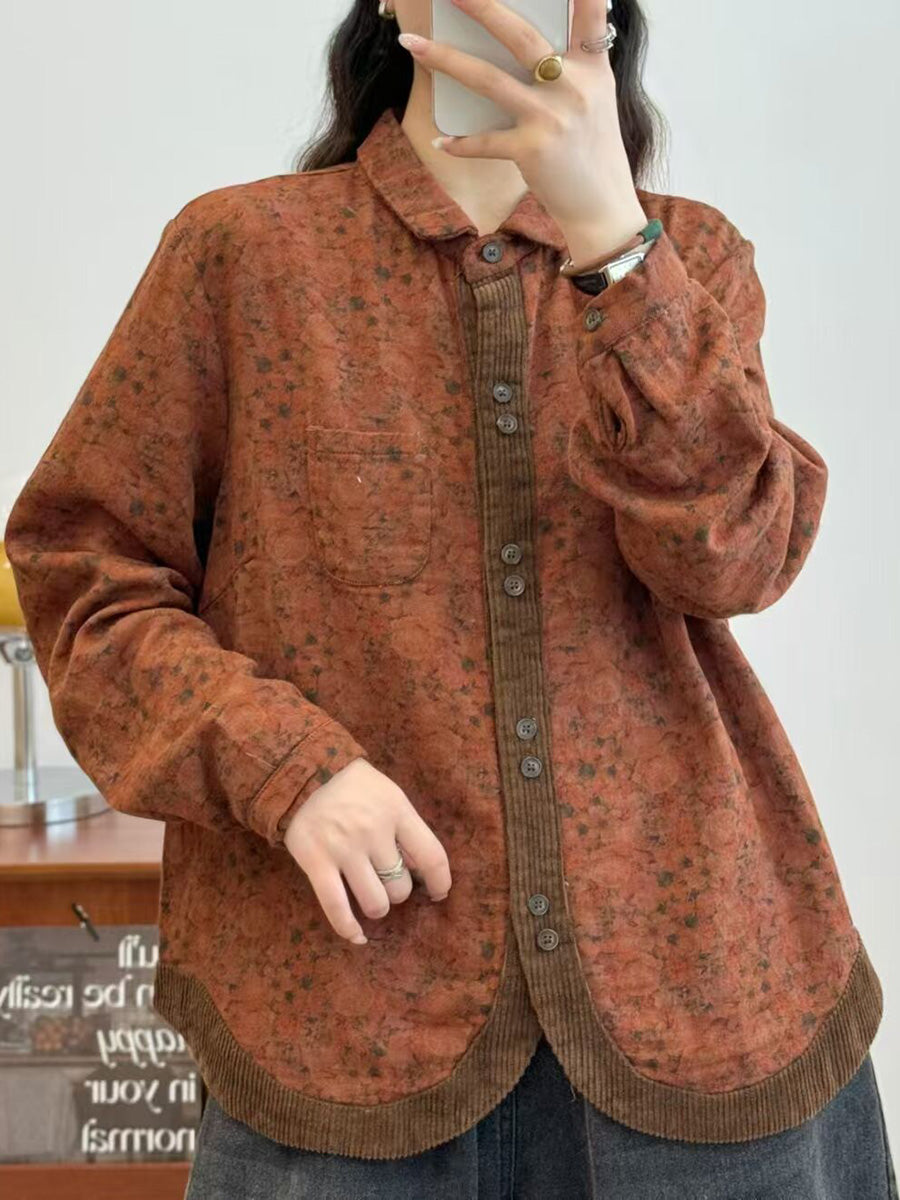 Women Autumn Flower Corduroy Spliced Button-up Shirt AK1013