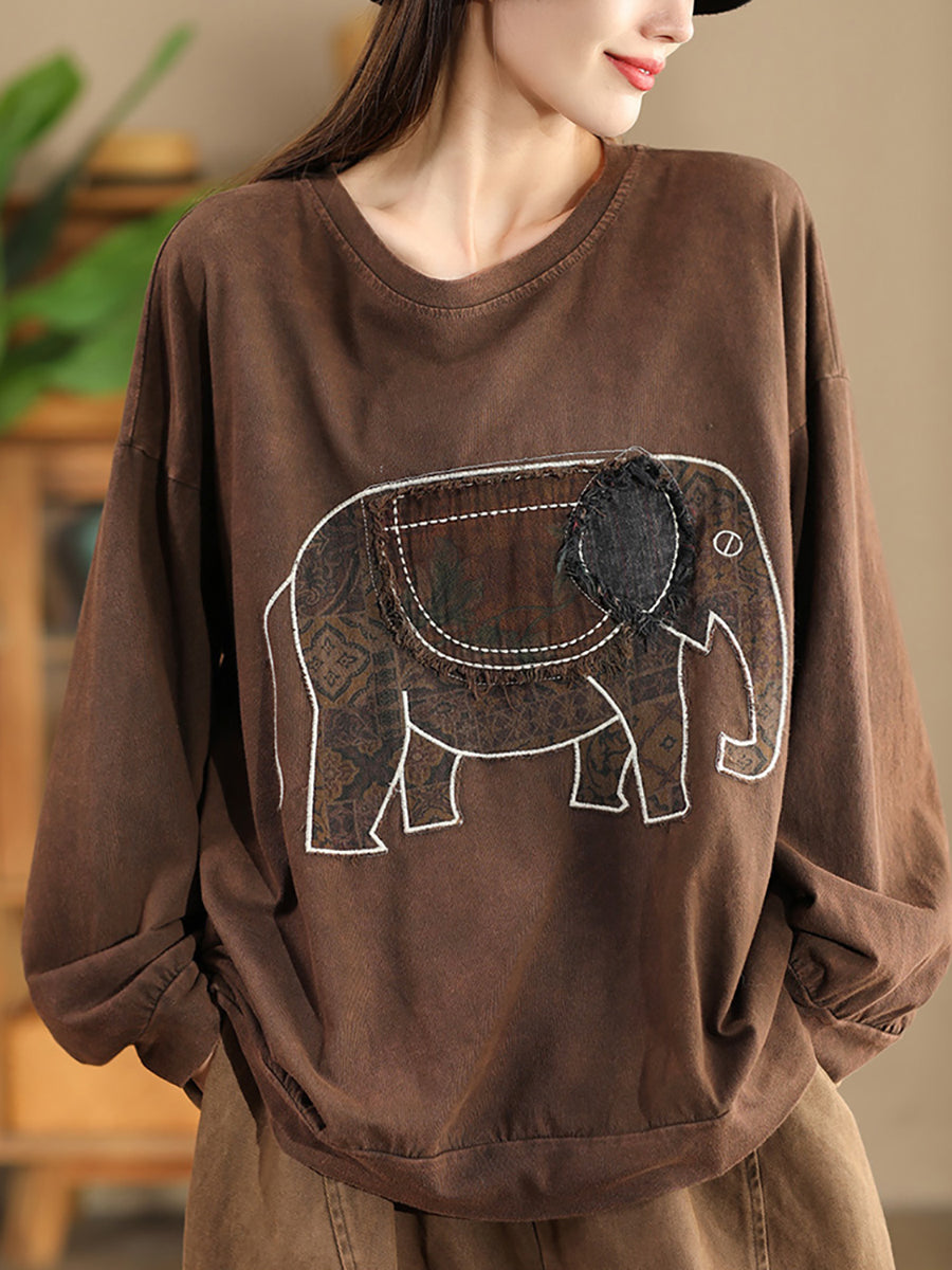 Women Autumn Casual Patch Elephant O-Neck Cotton Sweatshirt AK1017