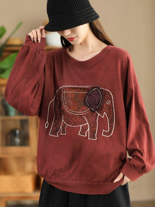 Women Autumn Casual Patch Elephant O-Neck Cotton Sweatshirt AK1017