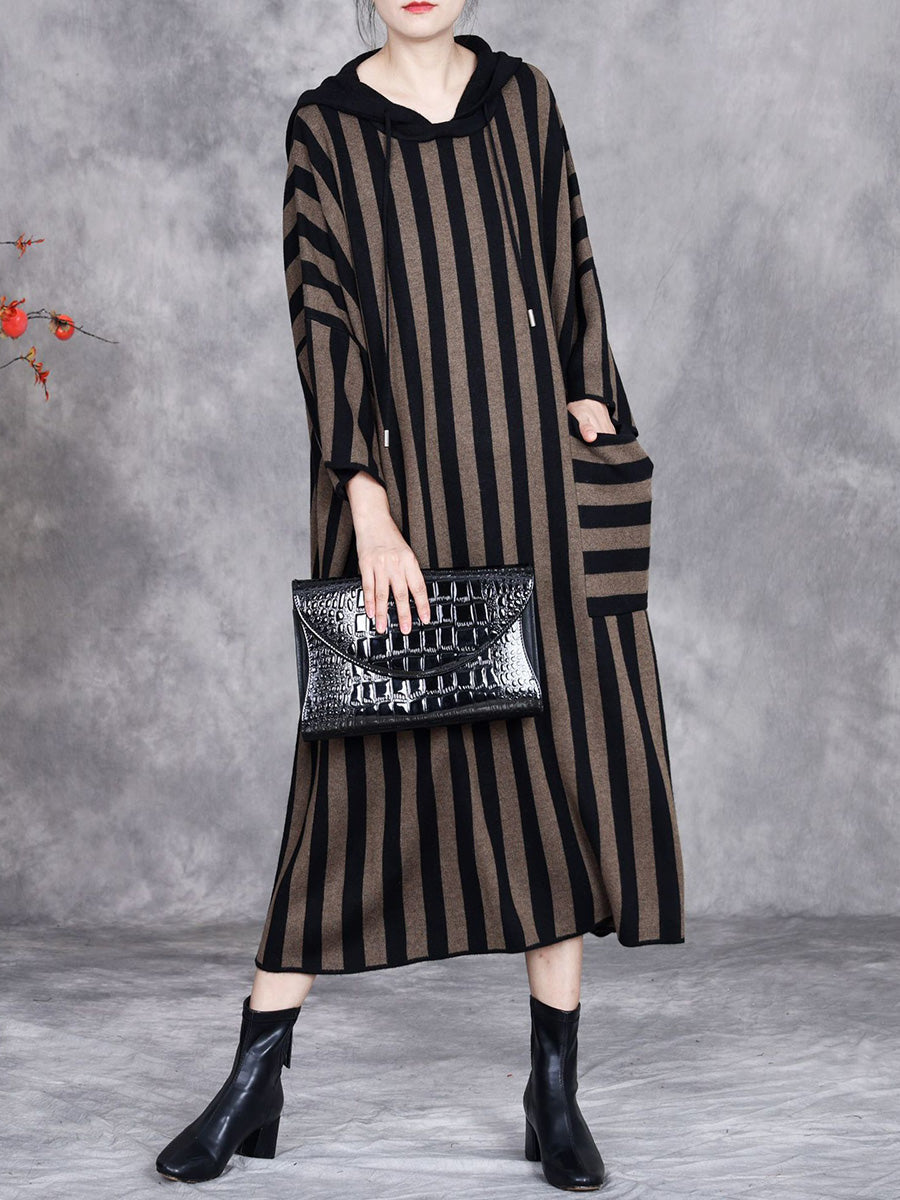 Women Autumn Artsy Stripe Colorblock Hooded Knit Dress AK1027