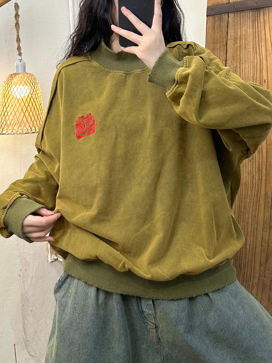 Women Autumn Embroidery Cotton Turtleneck Sweatshirt AK1030