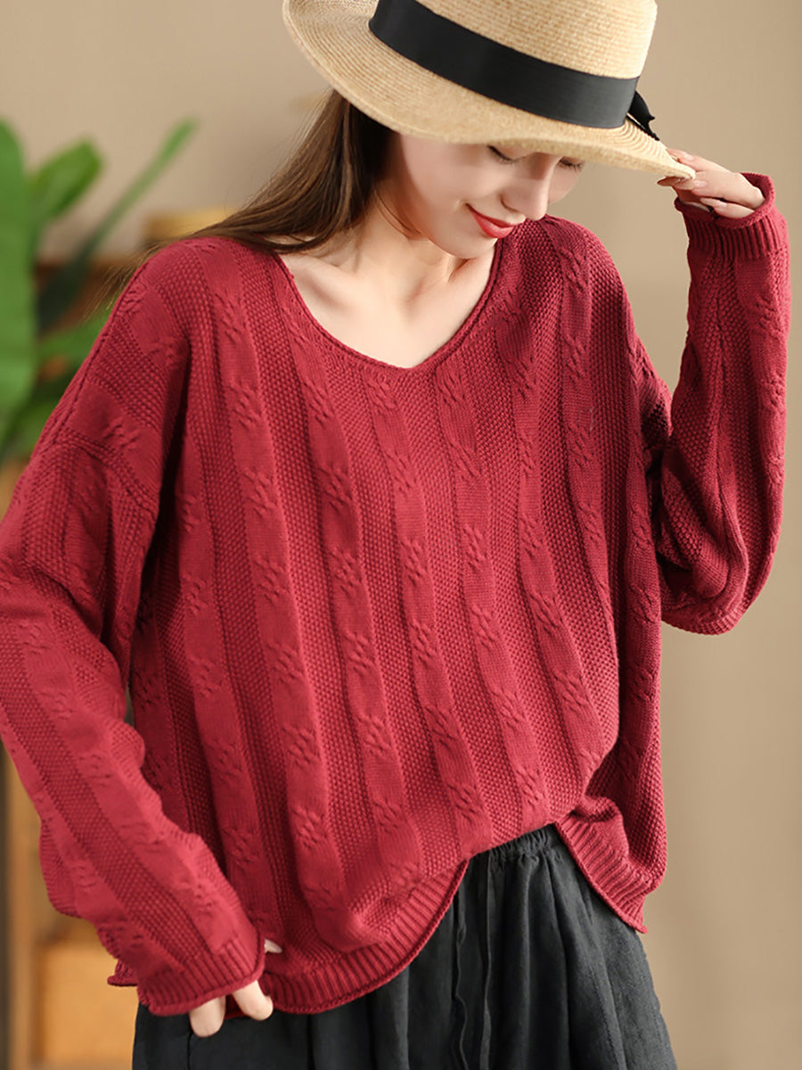 Women Artsy Autumn Cotton V-Neck Knit Sweater AK1026