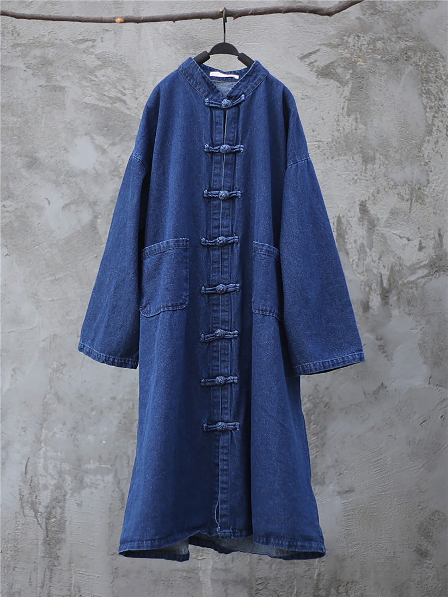 Women Autumn Casual Solid Pocket Denim Robe Coat AK1032