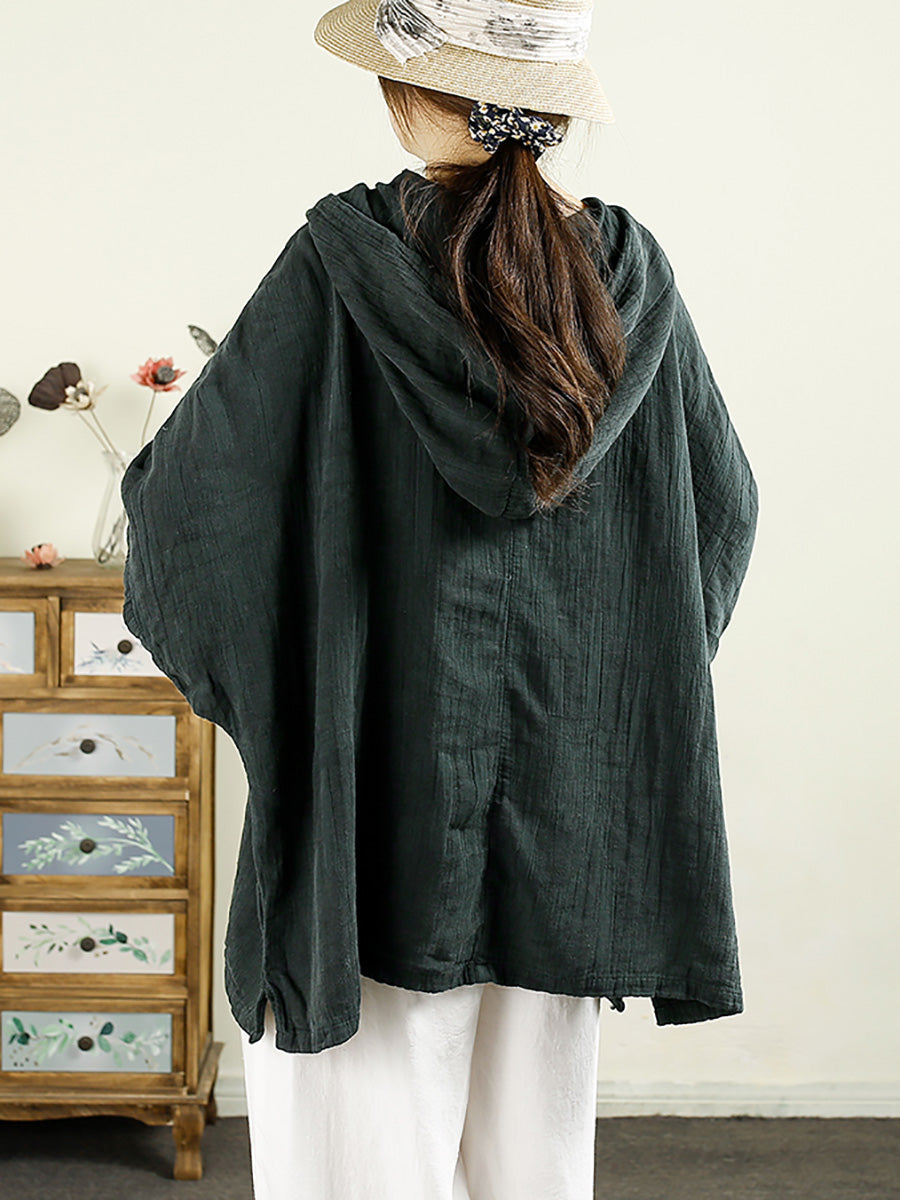 Women Autumn Artsy Pure Color Hooded Linen Shirt AK1039