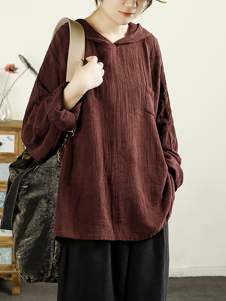 Women Autumn Artsy Pure Color Hooded Linen Shirt AK1039