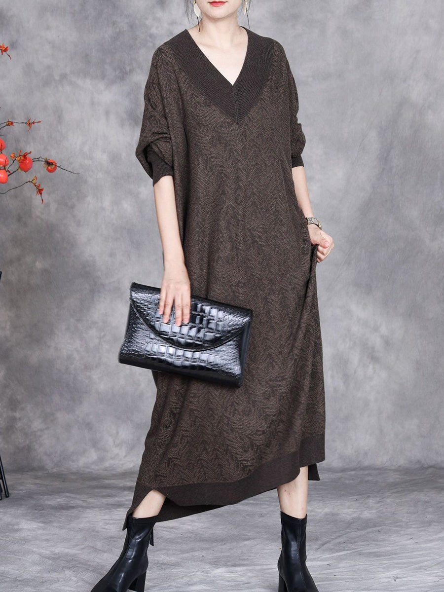 Women Autumn Artsy Colorblock V-neck Knit Dress AK1037