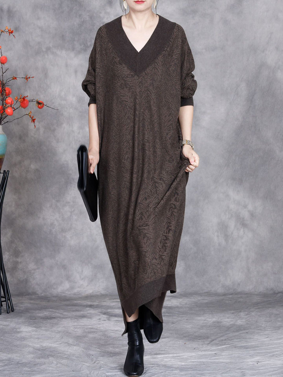 Women Autumn Artsy Colorblock V-neck Knit Dress AK1037