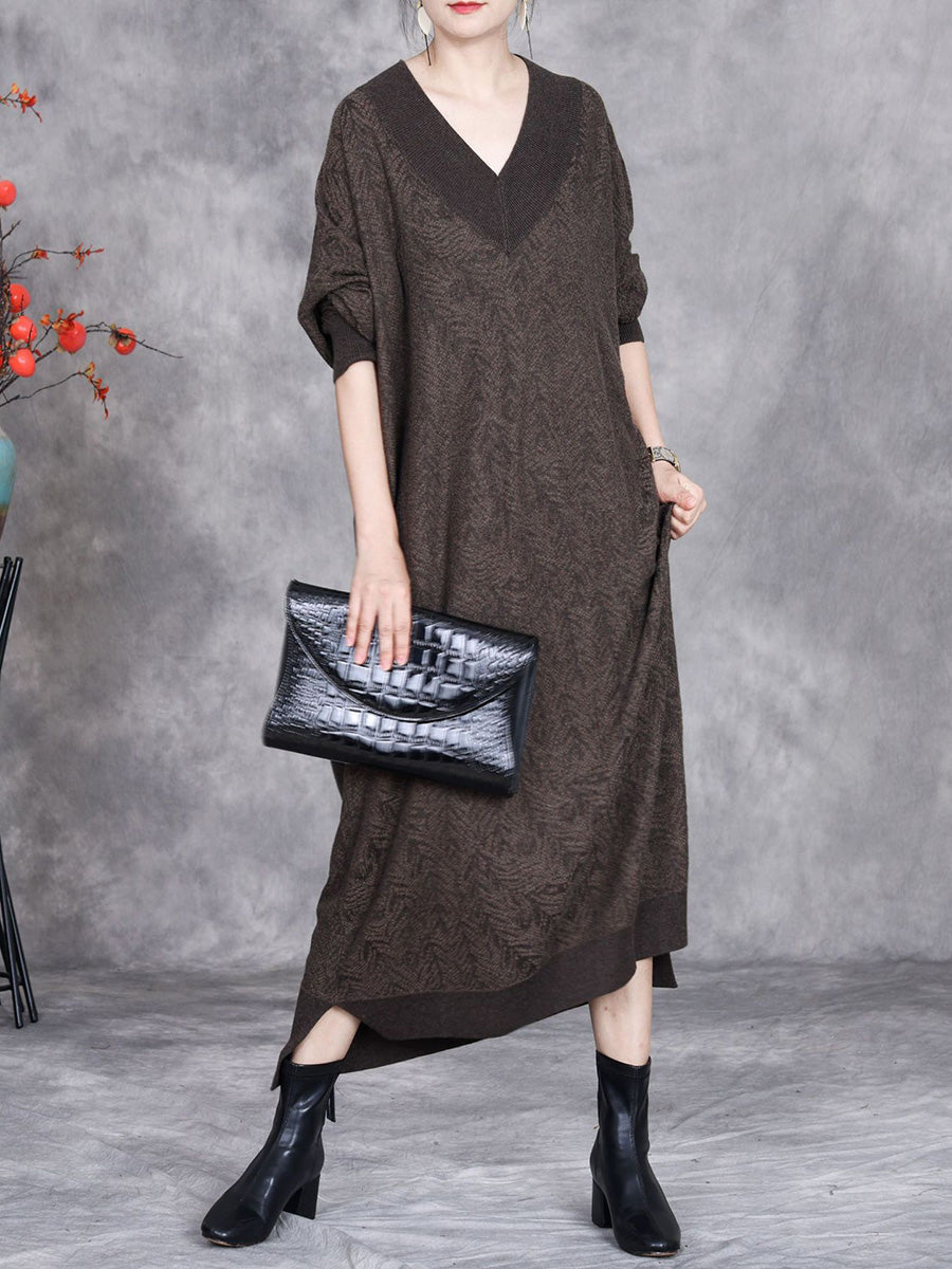 Women Autumn Artsy Colorblock V-neck Knit Dress AK1037