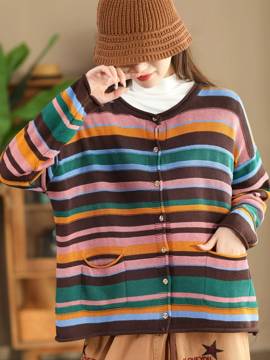 Women Casual Autumn Colorblock Stripe O-Neck Cotton Sweater