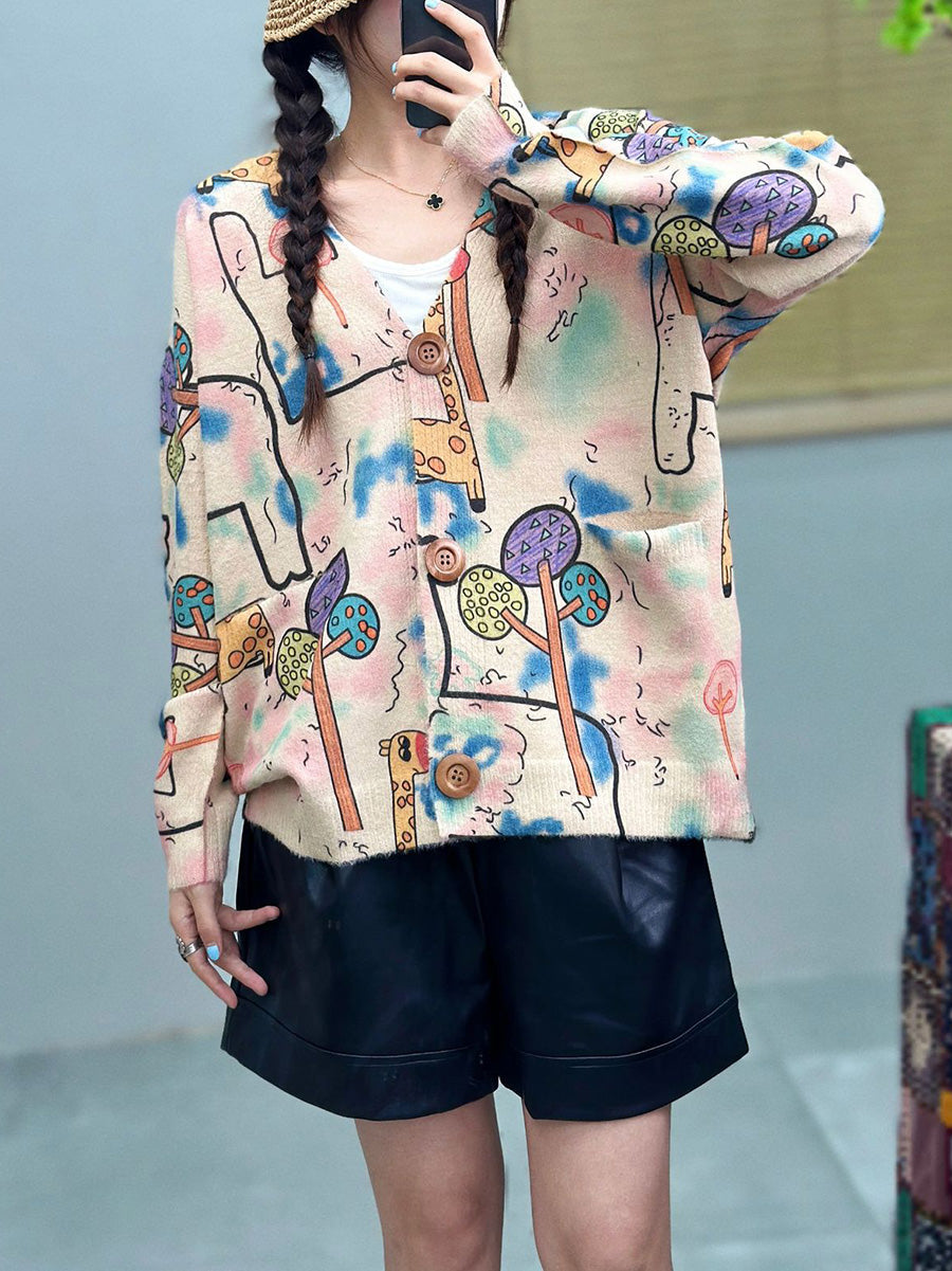 Women Casual Autumn Cartoon V-Neck Sweater AH1068