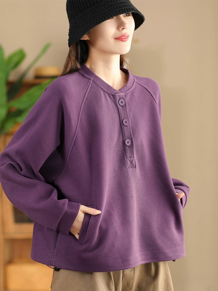 Women Autumn Pure Color Stand Collar Cotton Sweatshirt AX1085