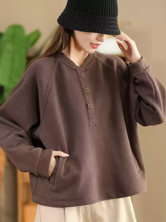 Women Autumn Pure Color Stand Collar Cotton Sweatshirt AX1085