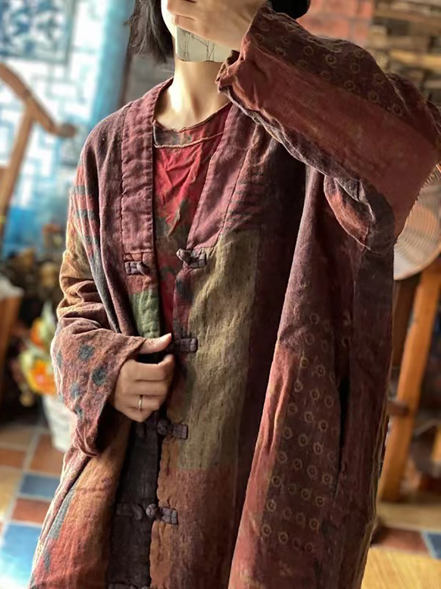 Women Ethnic Patchwork Spliced Loose Linen Coat AX1075