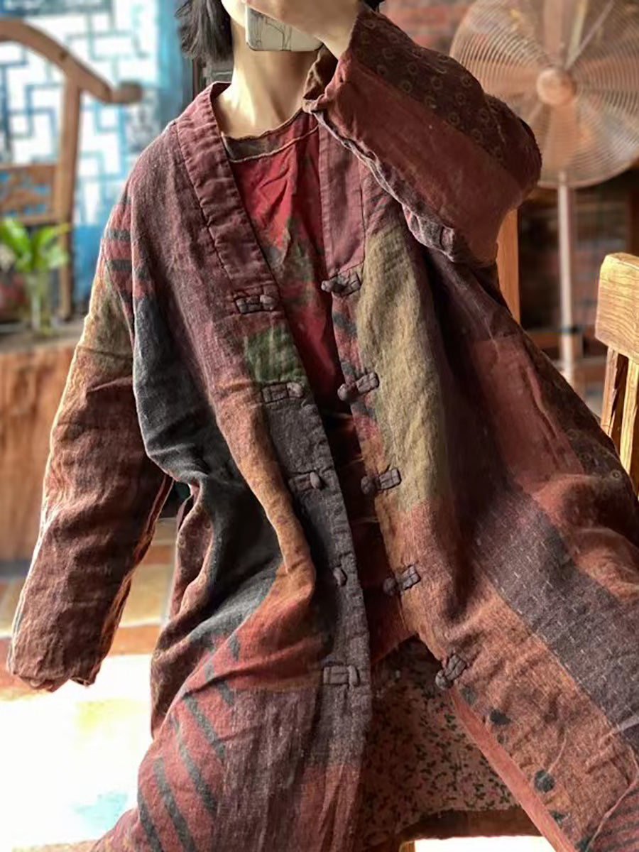 Women Ethnic Patchwork Spliced Loose Linen Coat AX1075