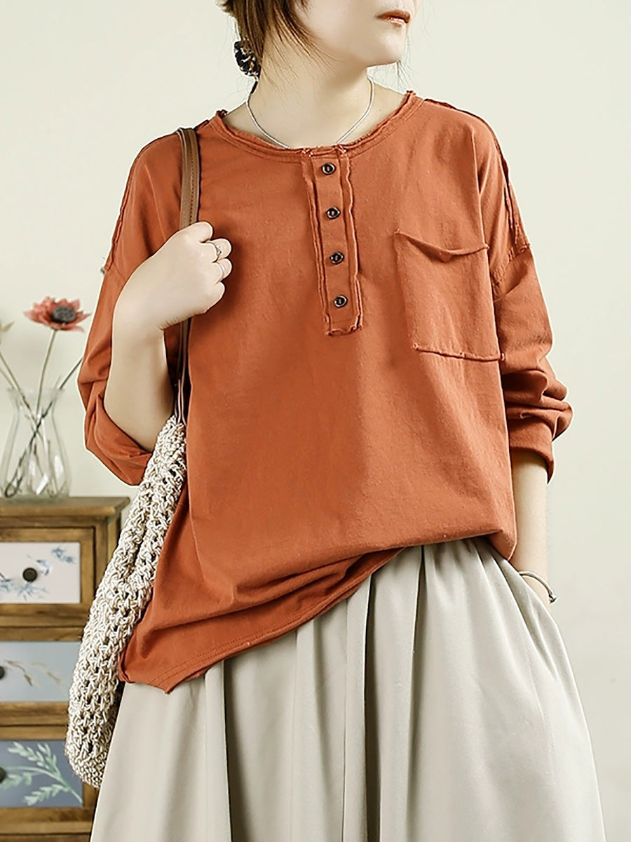 Women Autumn Casual Solid Raw-edge Cotton Blouse AX1072