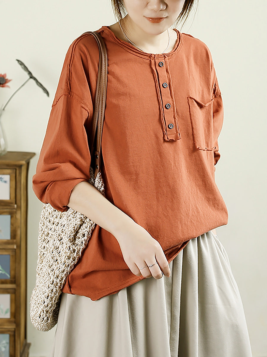 Women Autumn Casual Solid Raw-edge Cotton Blouse AX1072