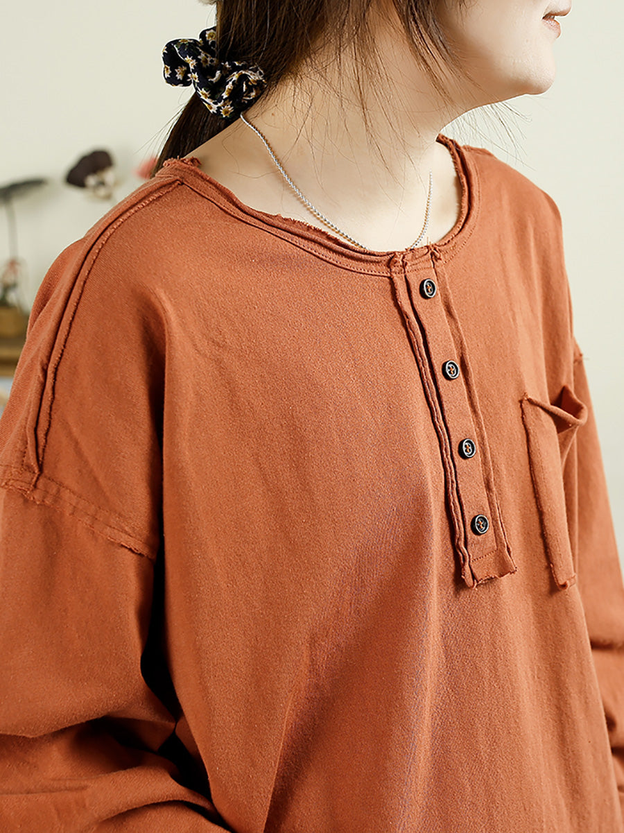 Women Autumn Casual Solid Raw-edge Cotton Blouse AX1072