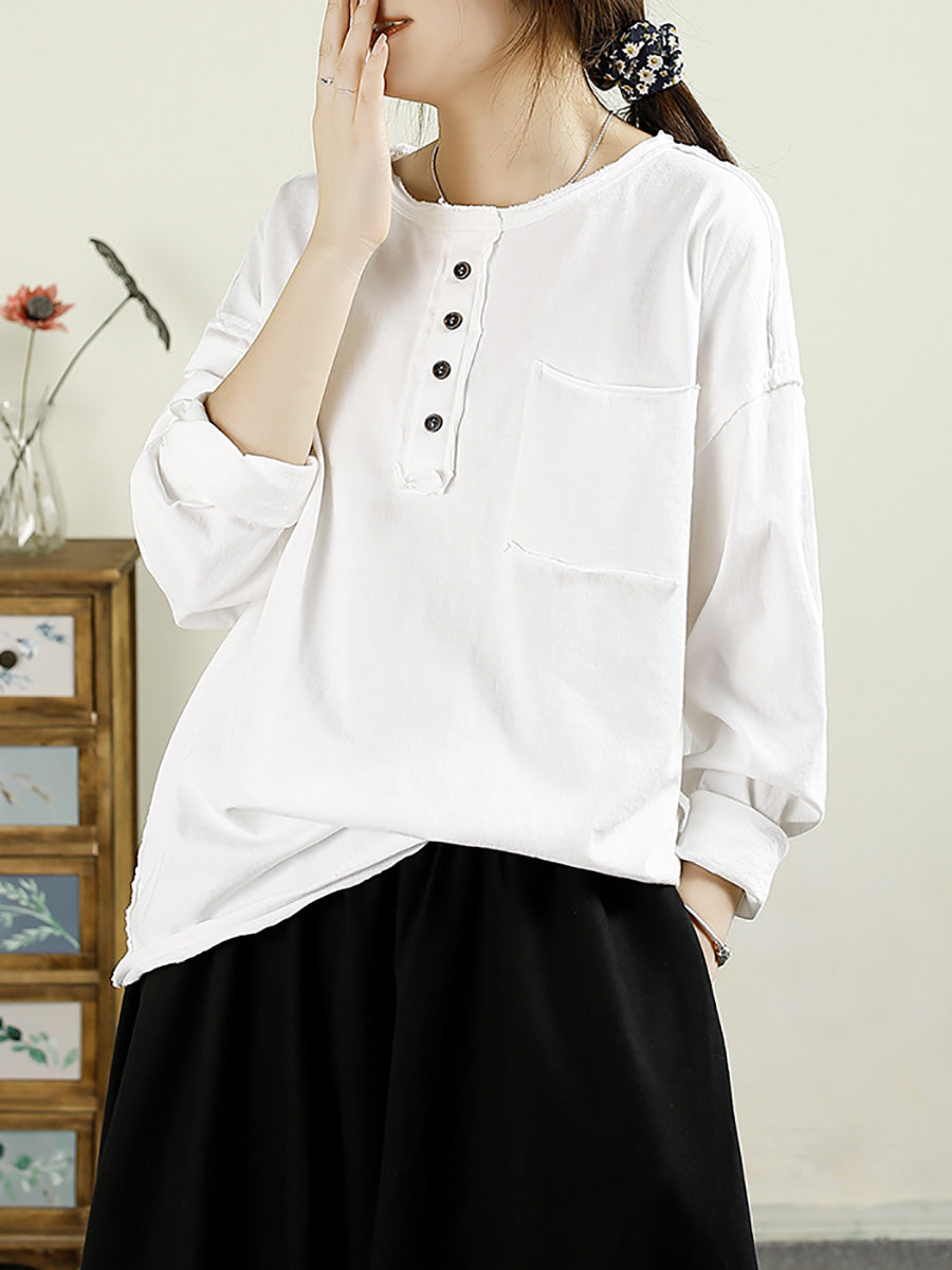 Women Autumn Casual Solid Raw-edge Cotton Blouse AX1072