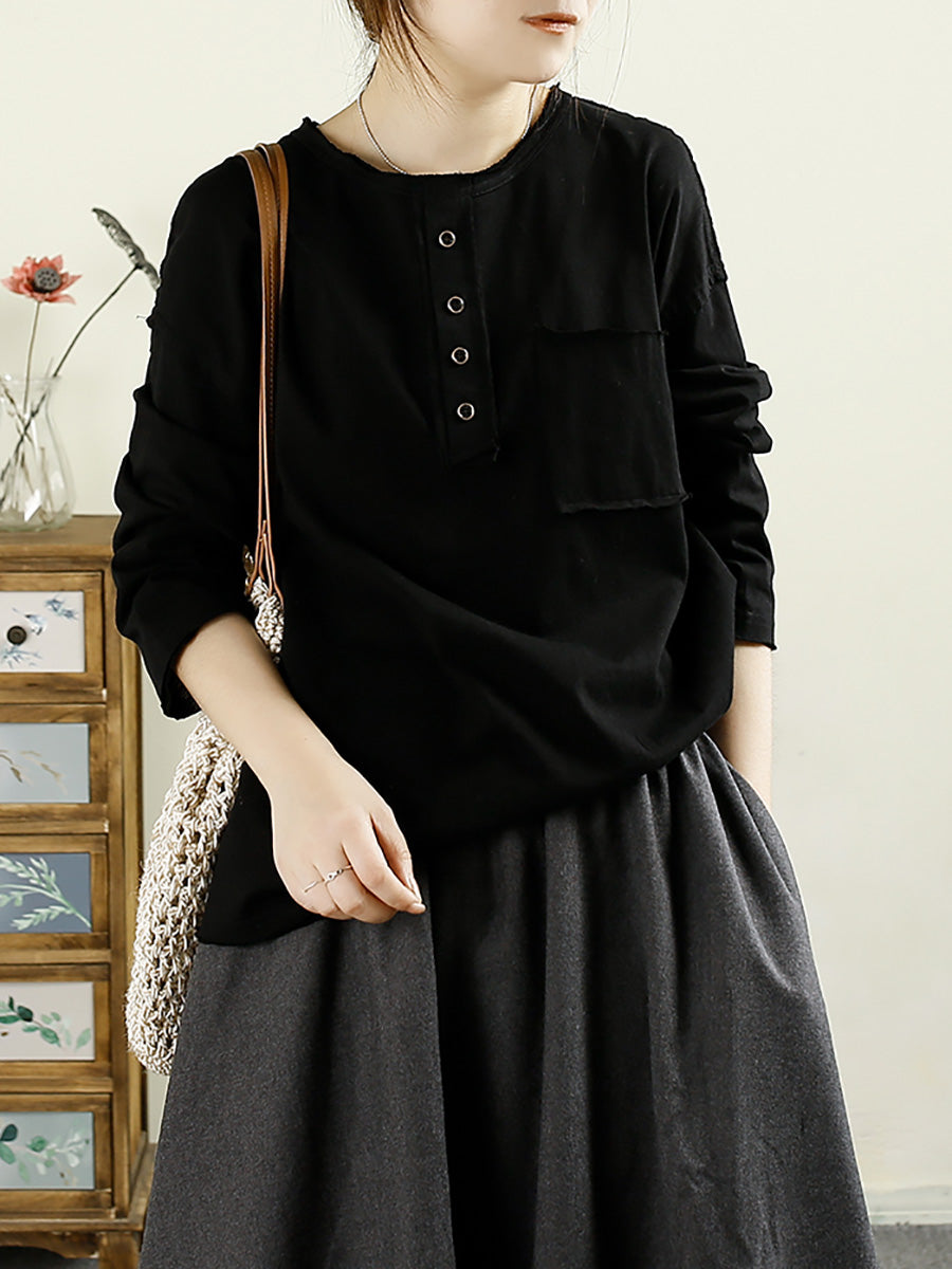 Women Autumn Casual Solid Raw-edge Cotton Blouse AX1072