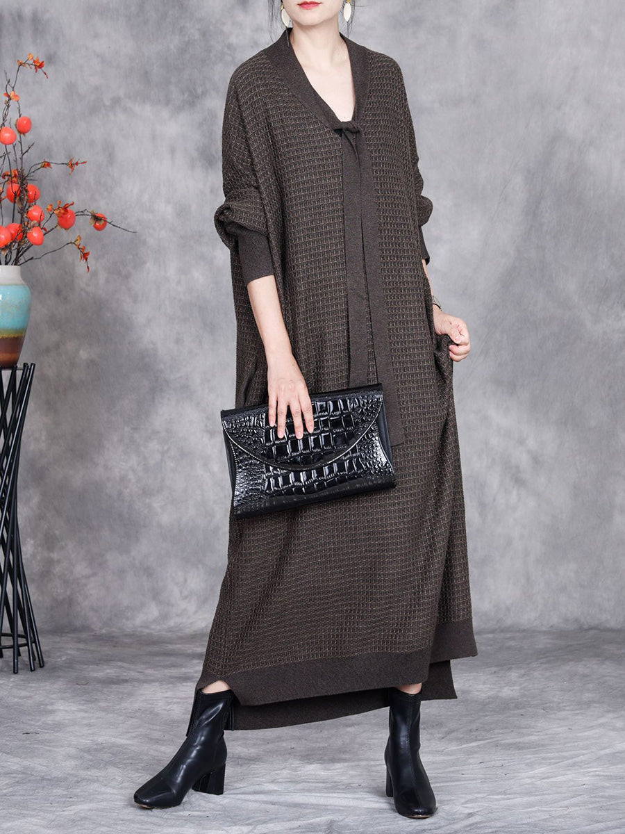 Women Autumn Artsy Cashmere Plaid Strap Knit Dress AX1071