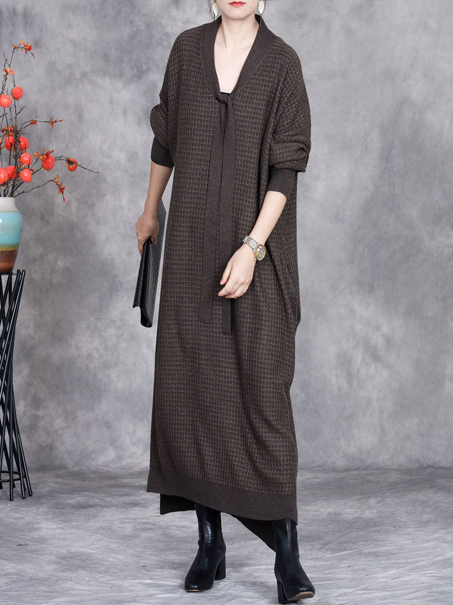 Women Autumn Artsy Cashmere Plaid Strap Knit Dress AX1071