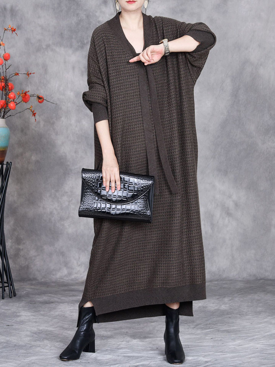 Women Autumn Artsy Cashmere Plaid Strap Knit Dress AX1071