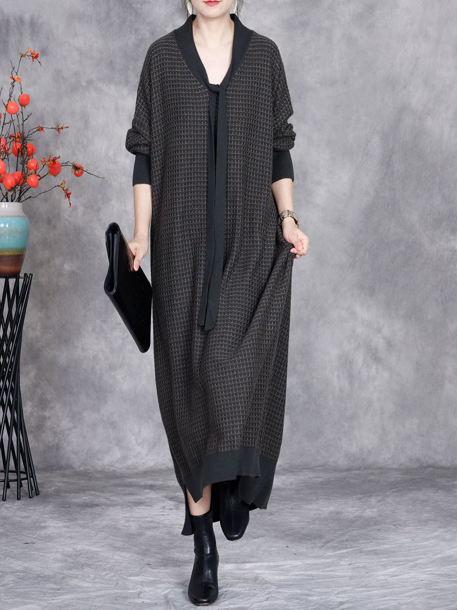 Women Autumn Artsy Cashmere Plaid Strap Knit Dress AX1071