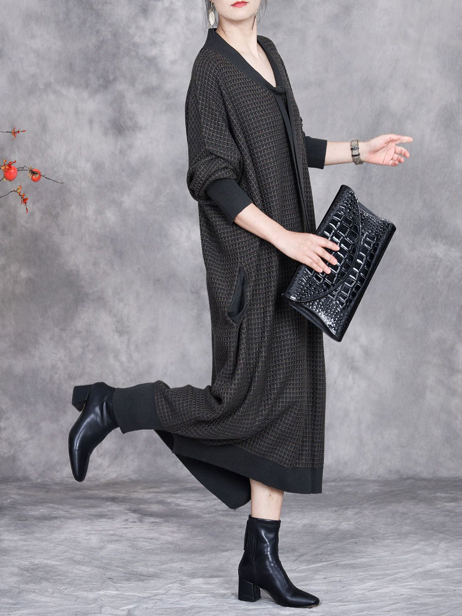 Women Autumn Artsy Cashmere Plaid Strap Knit Dress AX1071