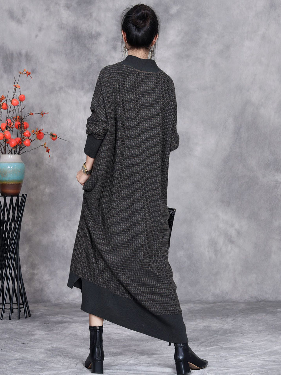 Women Autumn Artsy Cashmere Plaid Strap Knit Dress AX1071