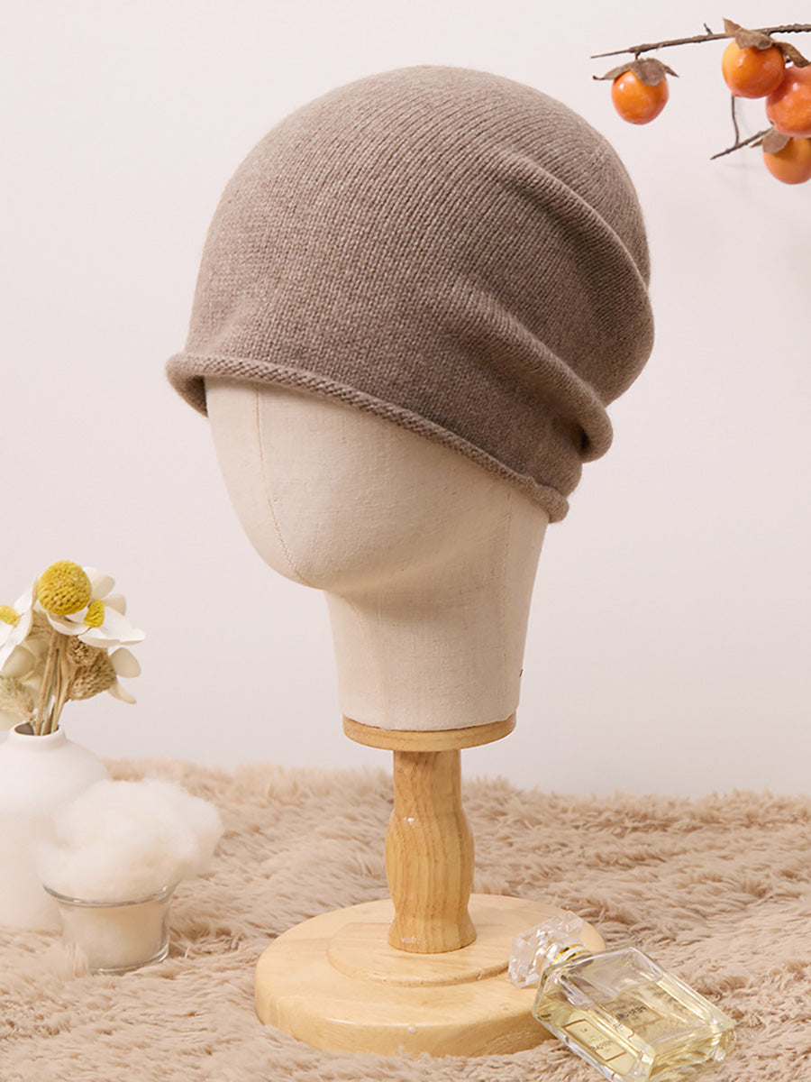 Winter Casual Solid Hemming 100%Cashmere Kintted Hat AX1065