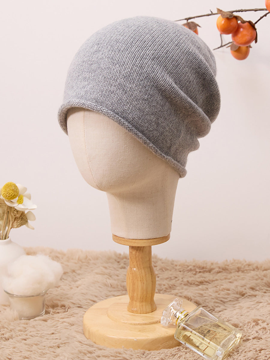 Winter Casual Solid Hemming 100%Cashmere Kintted Hat AX1065