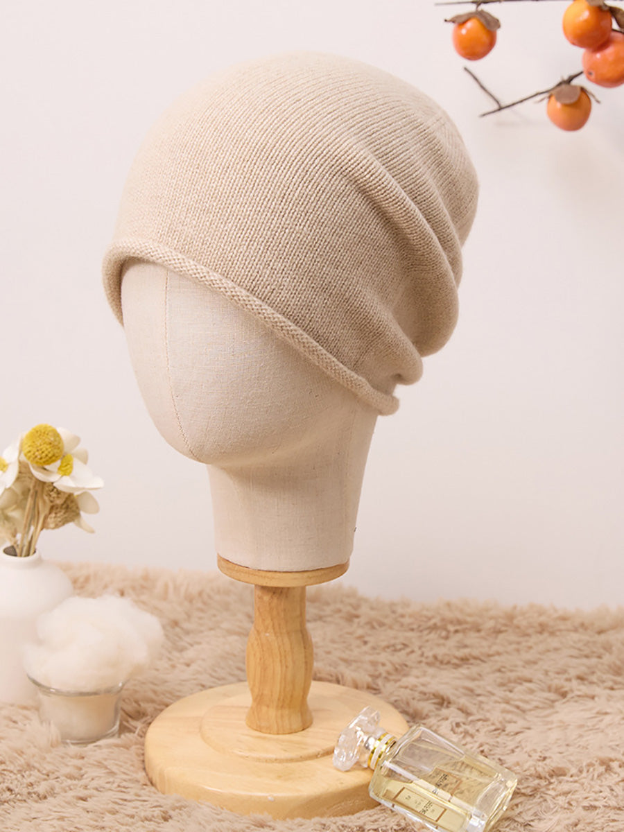 Winter Casual Solid Hemming 100%Cashmere Kintted Hat AX1065