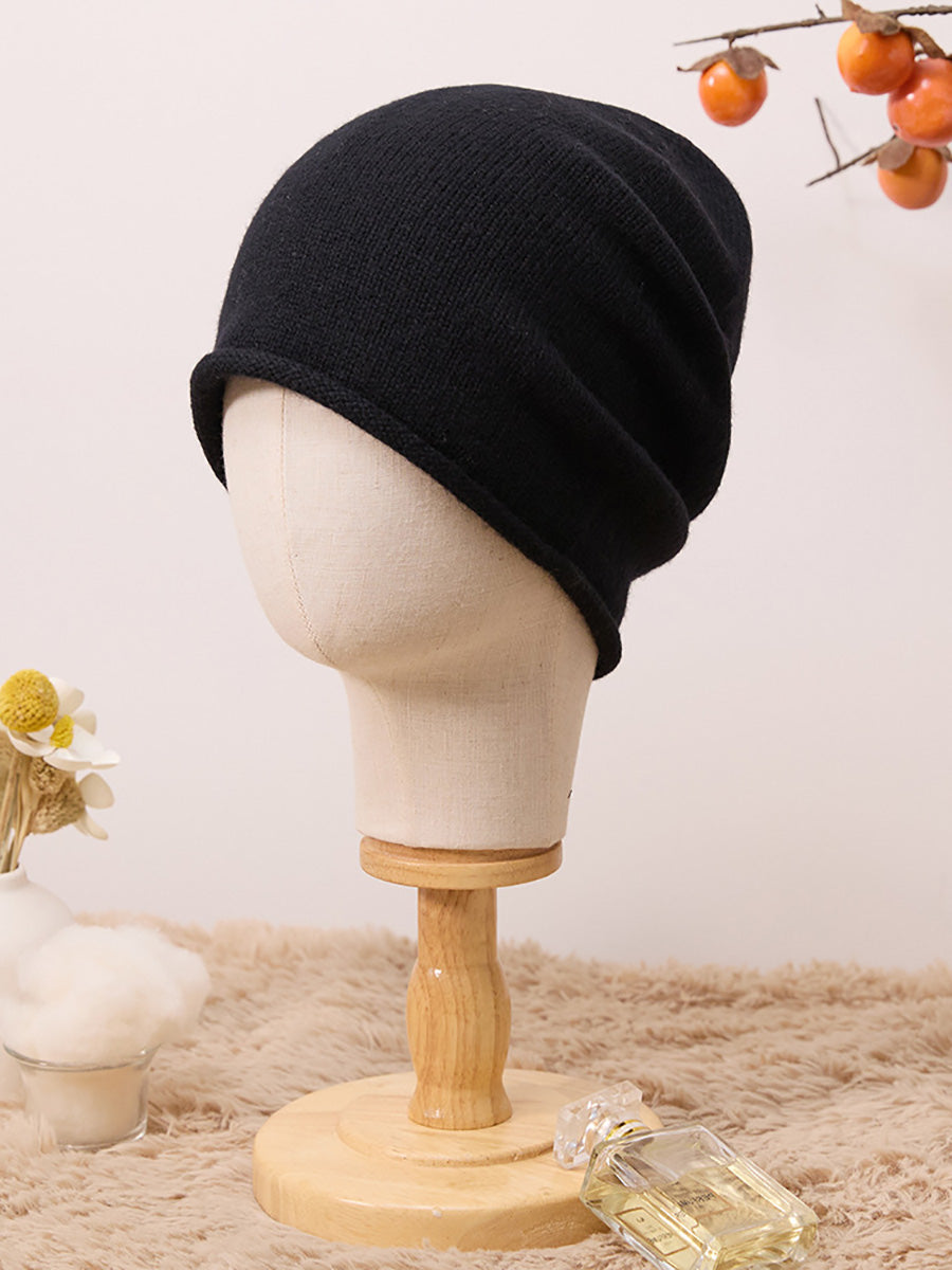 Winter Casual Solid Hemming 100%Cashmere Kintted Hat AX1065