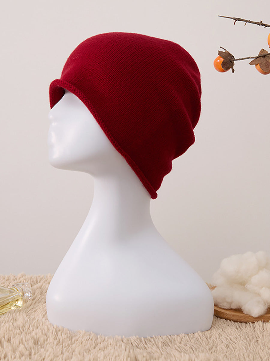 Winter Casual Solid Hemming 100%Cashmere Kintted Hat AX1065