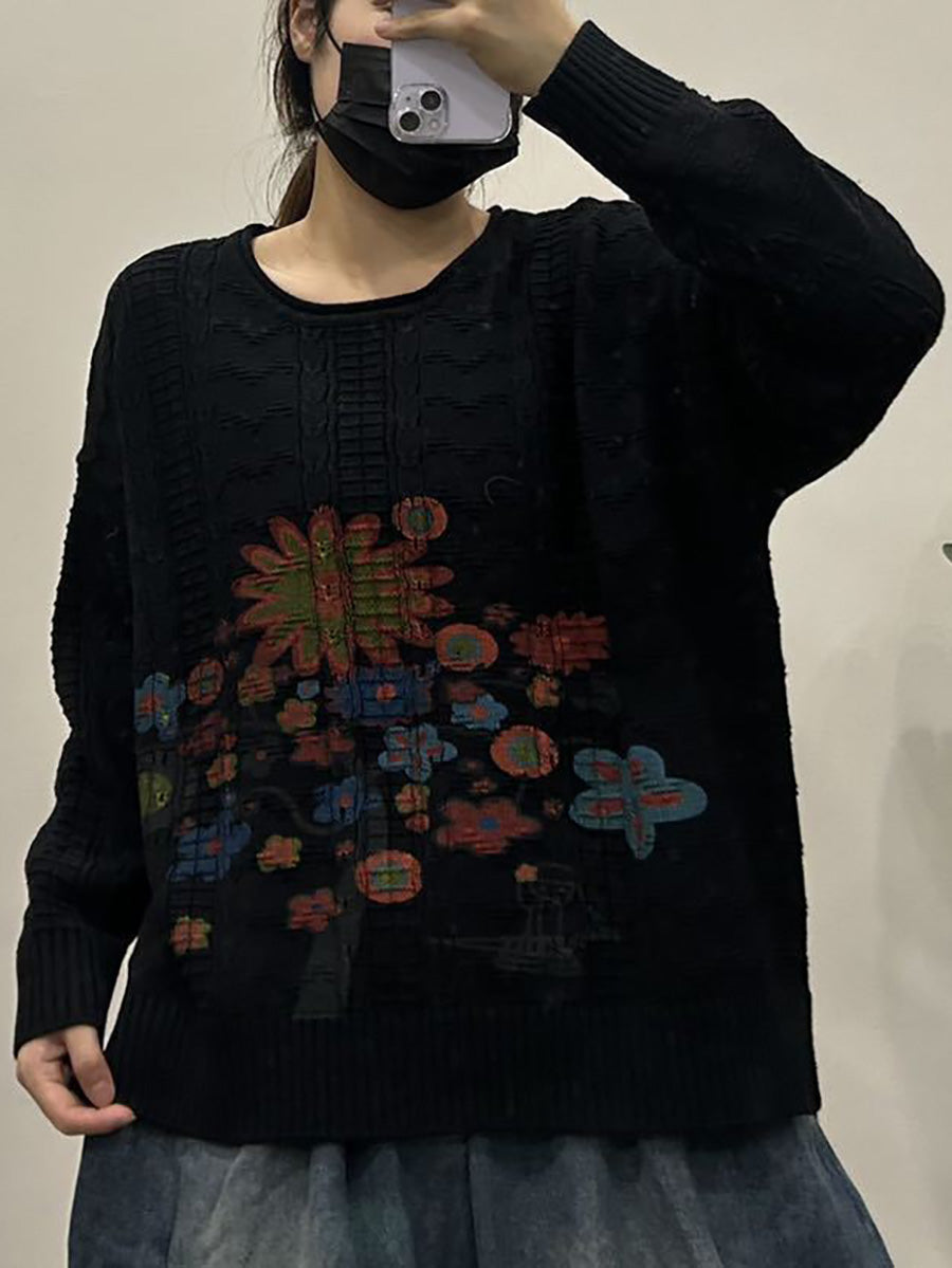 Women Autumn Flower O-Neck Knit Sweater AX1053