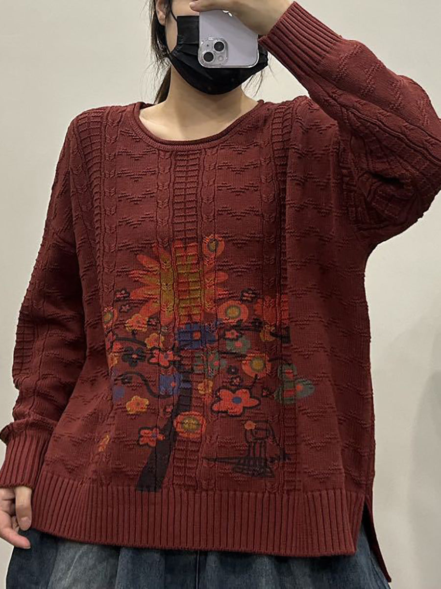 Women Autumn Flower O-Neck Knit Sweater AX1053