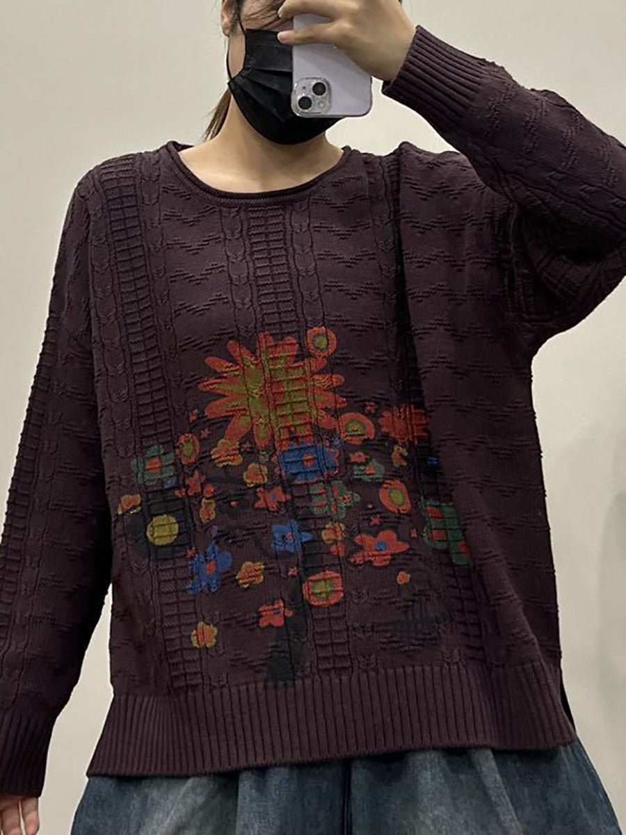 Women Autumn Flower O-Neck Knit Sweater AX1053