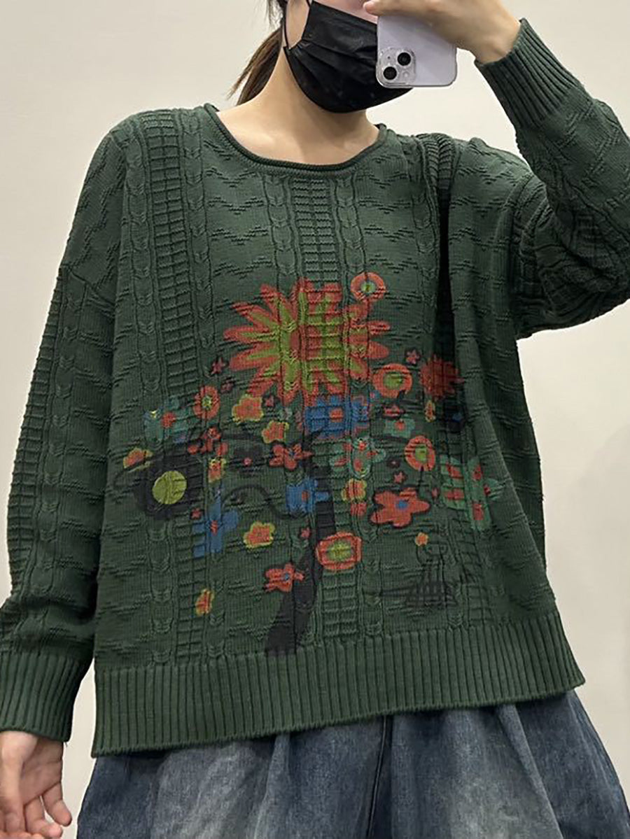 Women Autumn Flower O-Neck Knit Sweater AX1053