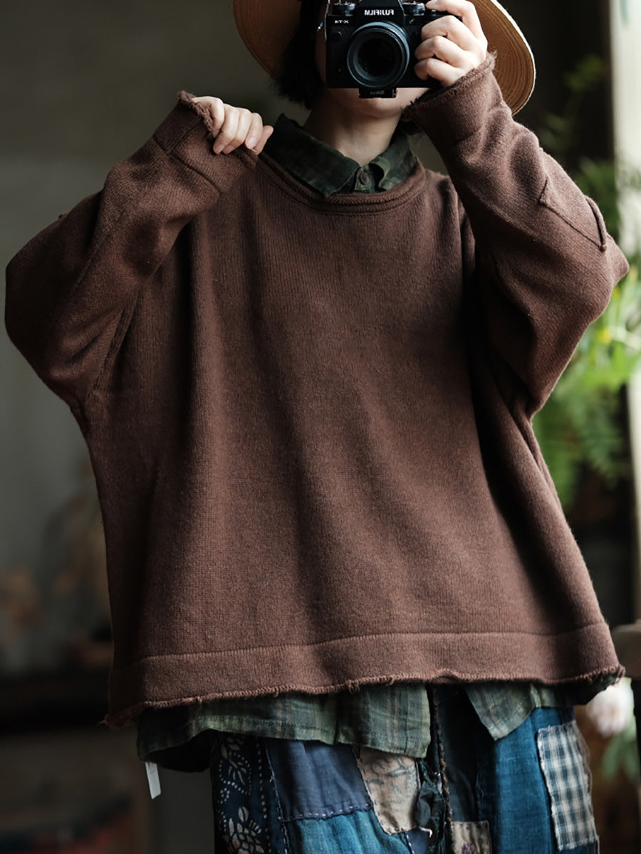 Women Autumn Pure Color O-Neck Hemming Sweatshirt AX1051