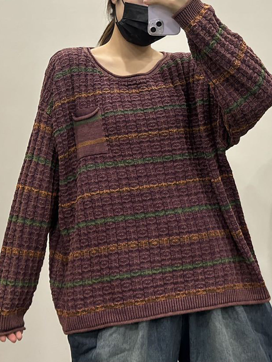 Women Casual Autumn Stripe Knit O-Neck Sweater AX1005