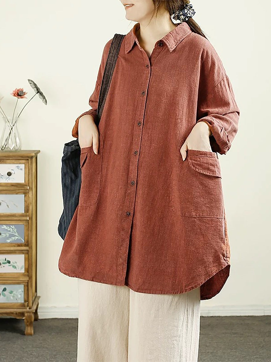 Women Autumn Casual Solid Button-up Linen Shirt AX1055