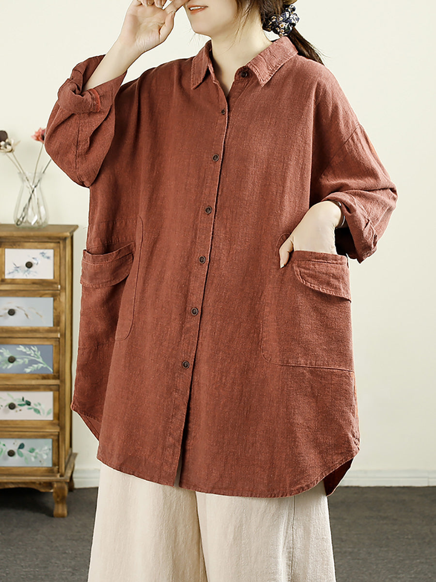 Women Autumn Casual Solid Button-up Linen Shirt AX1055