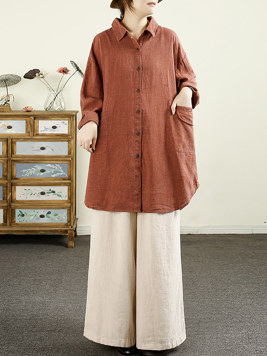 Women Autumn Casual Solid Button-up Linen Shirt AX1055