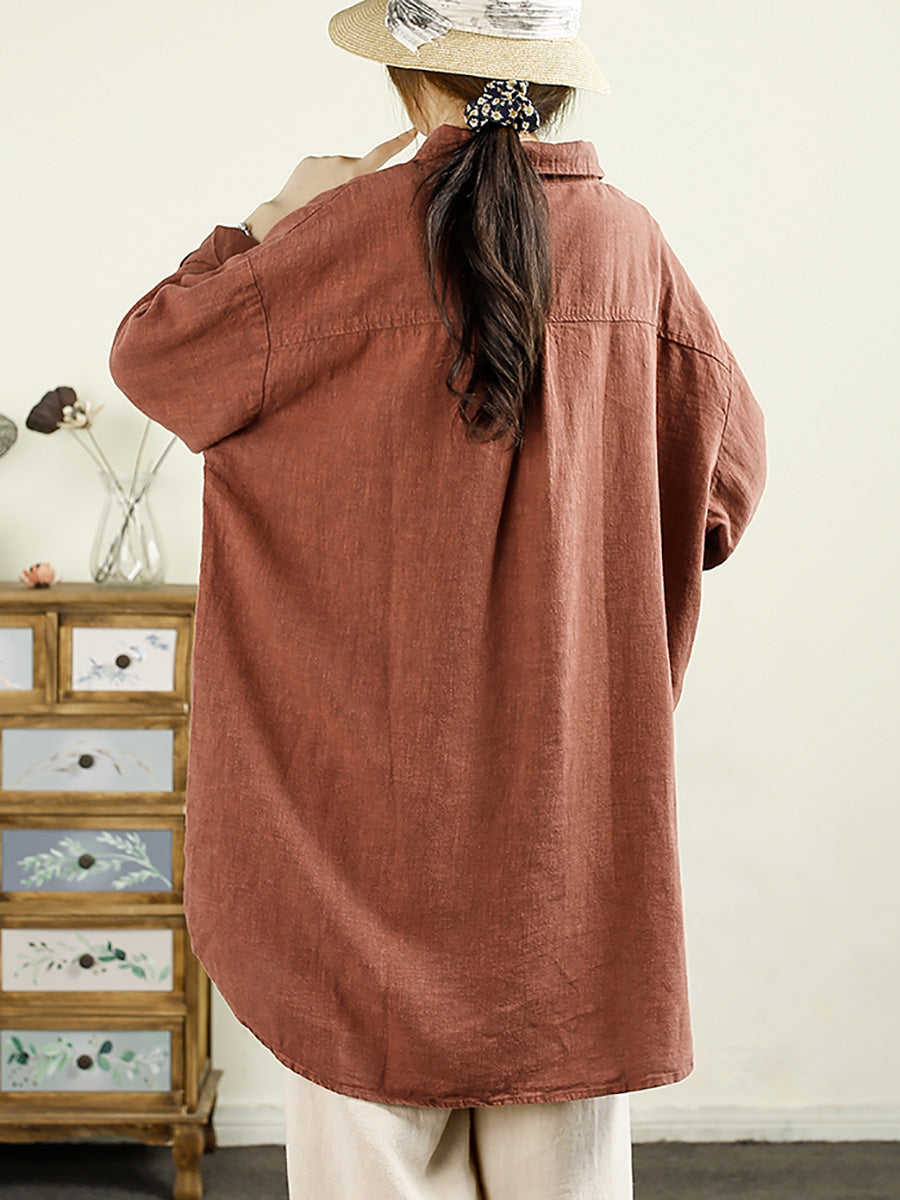 Women Autumn Casual Solid Button-up Linen Shirt AX1055