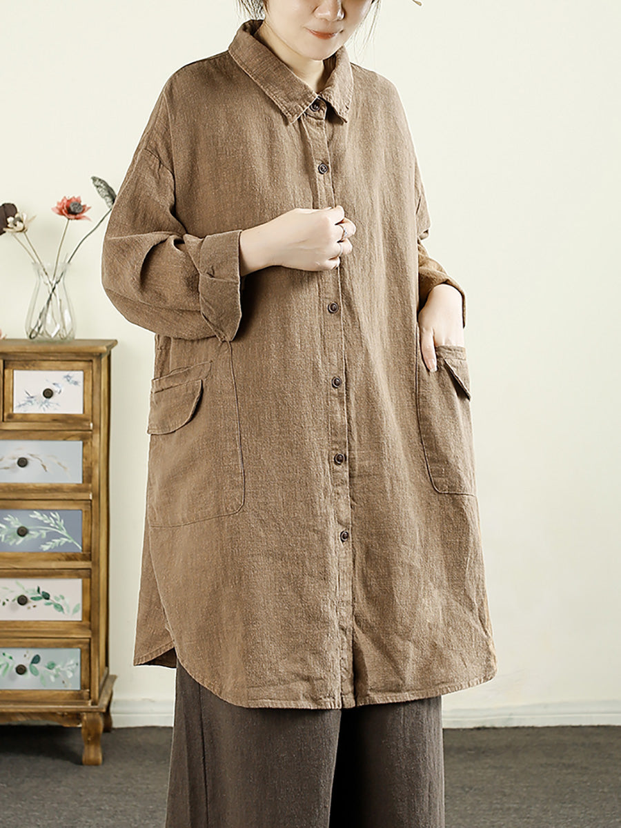 Women Autumn Casual Solid Button-up Linen Shirt AX1055