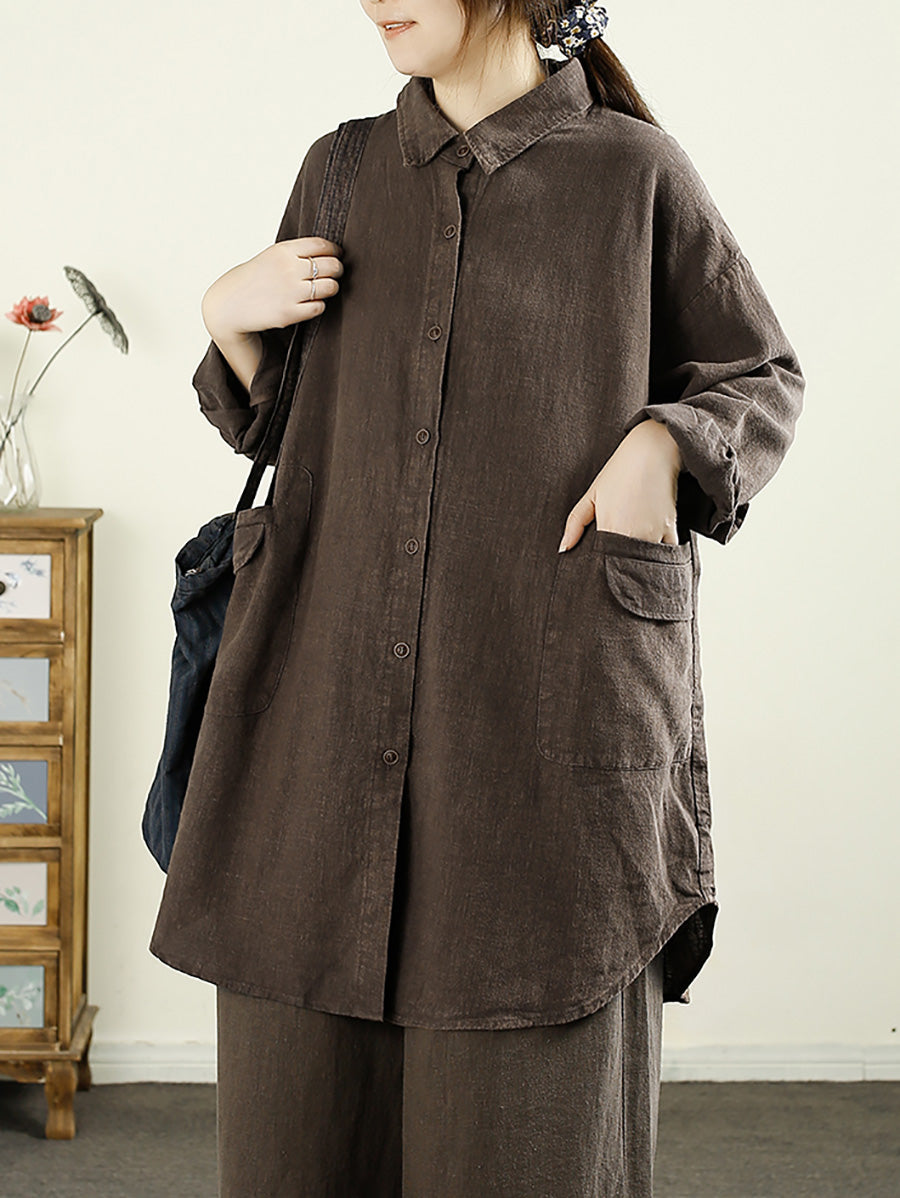 Women Autumn Casual Solid Button-up Linen Shirt AX1055