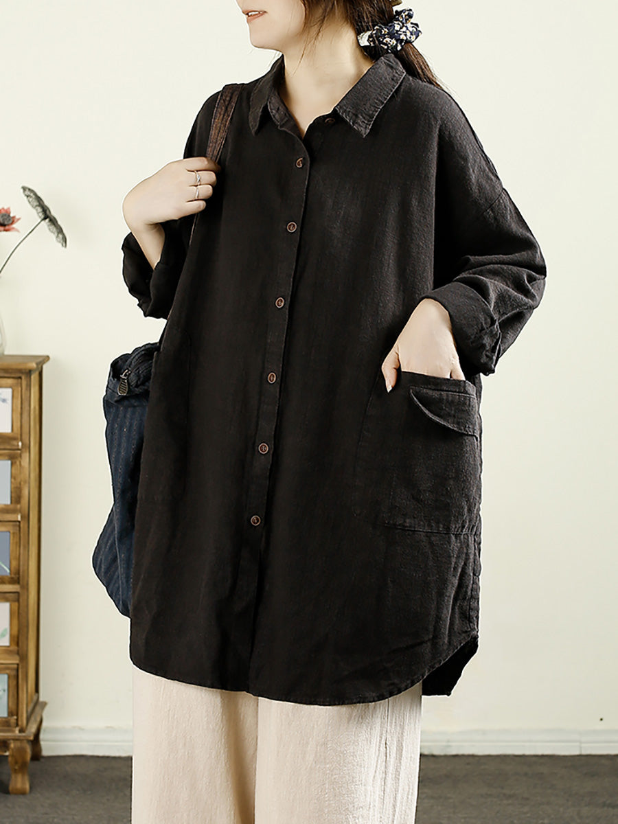 Women Autumn Casual Solid Button-up Linen Shirt AX1055