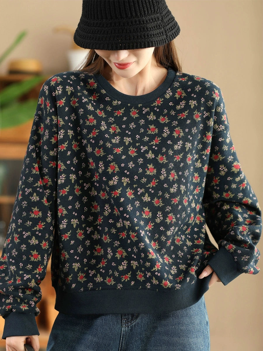 Women Autumn Floral Colorblock O-Neck Cotton Sweatshirt AX1054